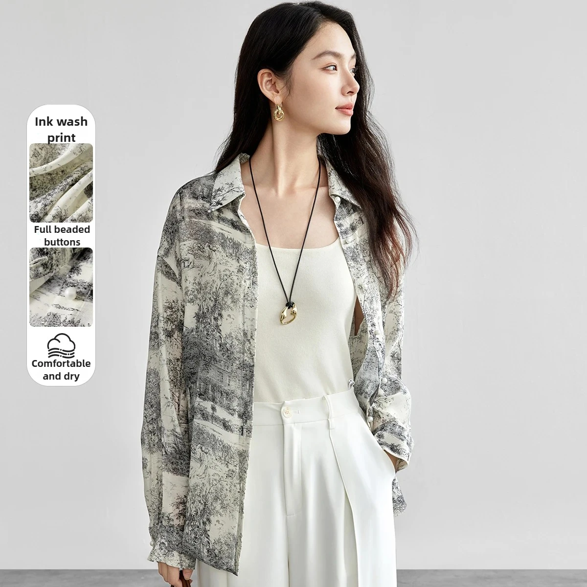 

SENTUBILA Printed Long Sleeve Shirt for Woman 2025 Autumn Elegant Simple Blouse Loose Fit Chinese Style Female Tops 151C57812