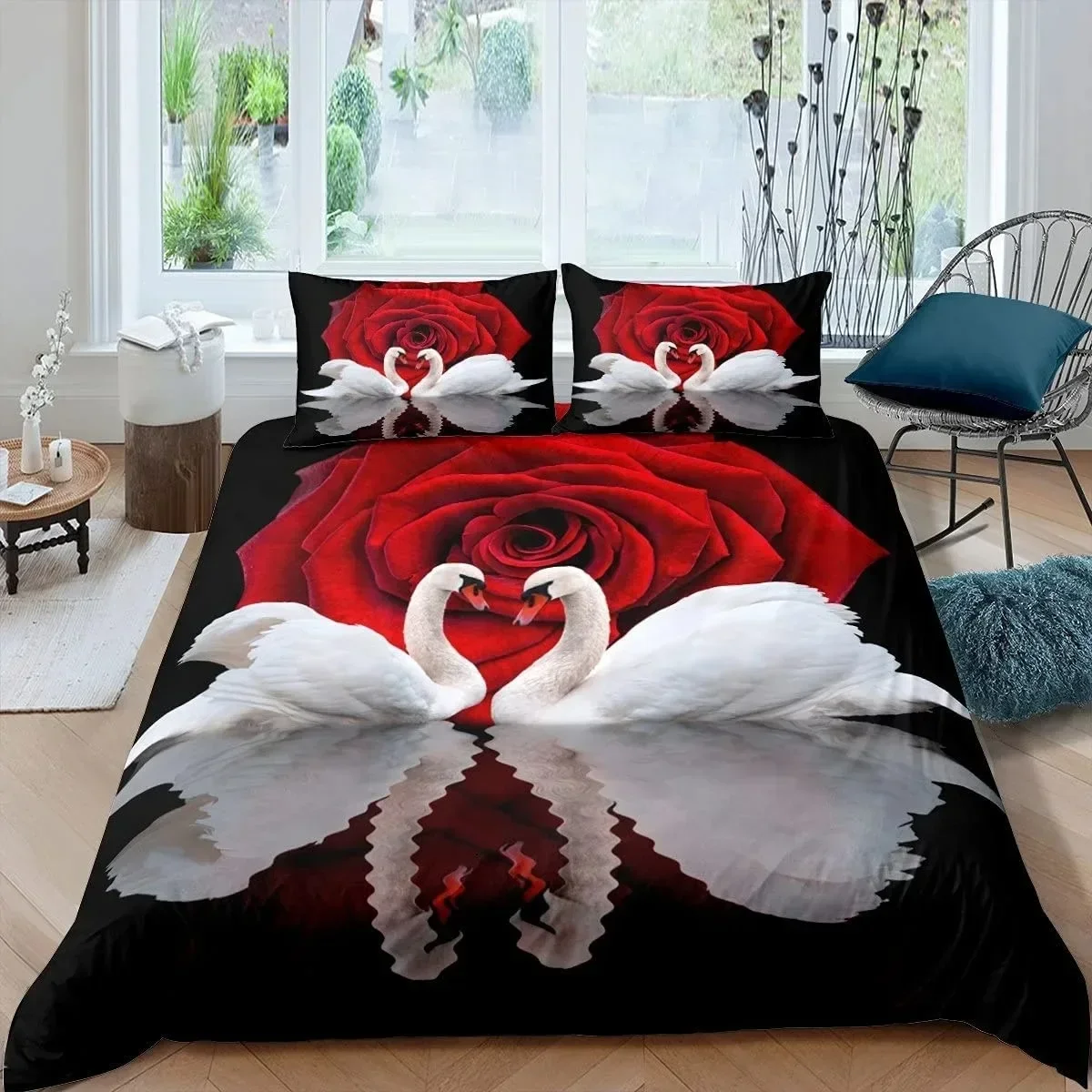 Luxury New 3D Print Swan Duvet Cover Black And White Swan Duvet Cover Queen Cover Microfiber Romantic Flower Wild Animals Quilt