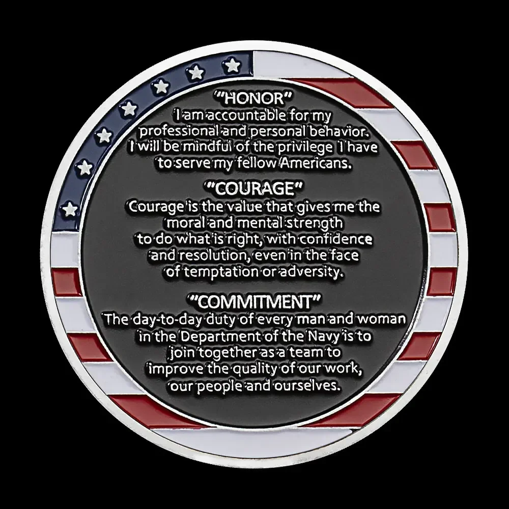 US Navy Core Values Silvery Plated Challenge Coins Military Creed Commemorative Coin Souvenirs Gifts