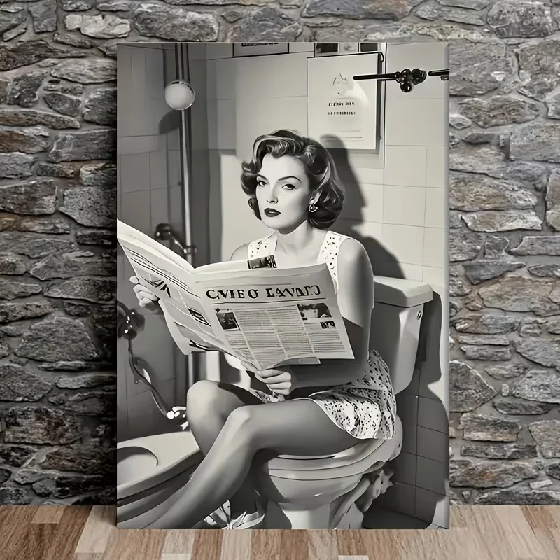 2D Flat, 2D Flat, Frameless Canvas Art, Depicting a Fashionable And Charming Woman Reading a Newspaper in a Bathroom, Ideal for