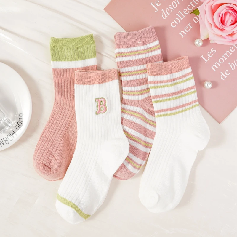 Middle School Students Soft And Comfortable Sports Casual Socks For Girls Pink White Series Sweet And Cute Striped Letter Socks