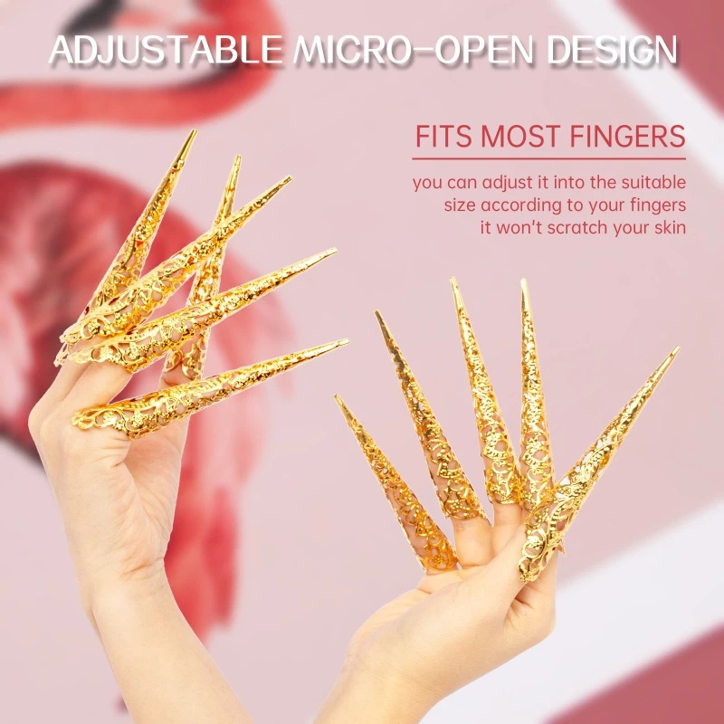 D0LC Fingertip Claw Rings Nails Decoration Chinese Finger Claws Belly Dance Finger Nails Full Finger Rings False Long Nails