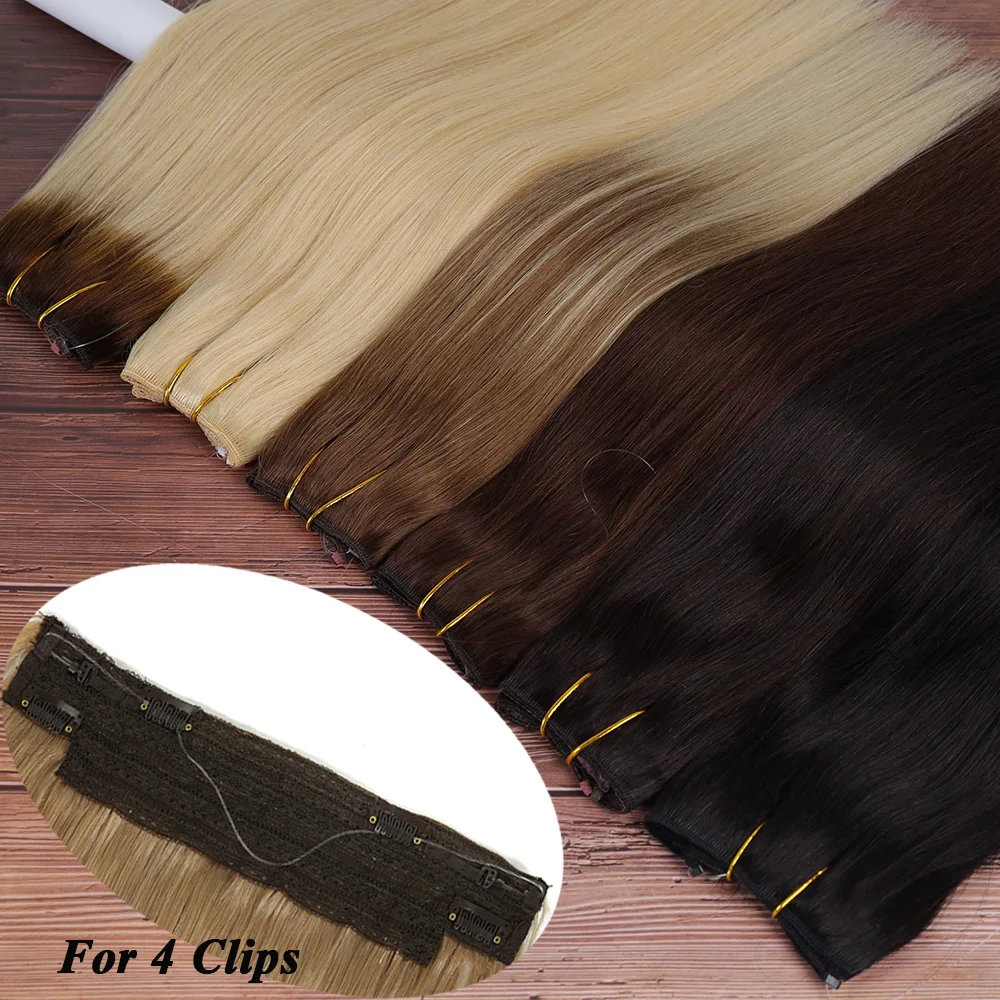 4 Clip in Hair Extension Fish Line Human Hair Apply With Invisible Wire Straight Natural Hair  12-26Inch Fish Line Hair