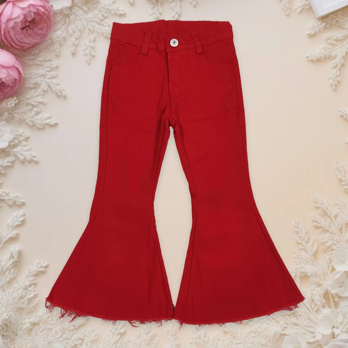 

Toddler Baby Girl Red Flared Bell Bottom Pocket Zipper Denim Trousers Comfortable Kids Jeans Children Resizable Pants Wholesale
