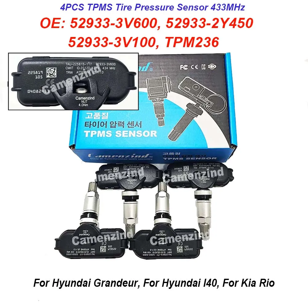 Capteur de surveillance de pression des pneus préprogrammé, 4 pièces, 52933-3V600 52933-3V100 52933-2Y450 TPM236 TPMS, 433MHz, 529333V600 529333V100 529332Y450, pour Hyundai Grandeur I40 Azera I40 IX35, haute qualité testée