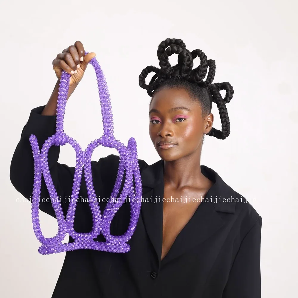 New Handmade Bead Woven Bag Ins Design Fashion Acrylic Dopamine Retro Totebag Large Capacity Hollow Women's Bags Customization