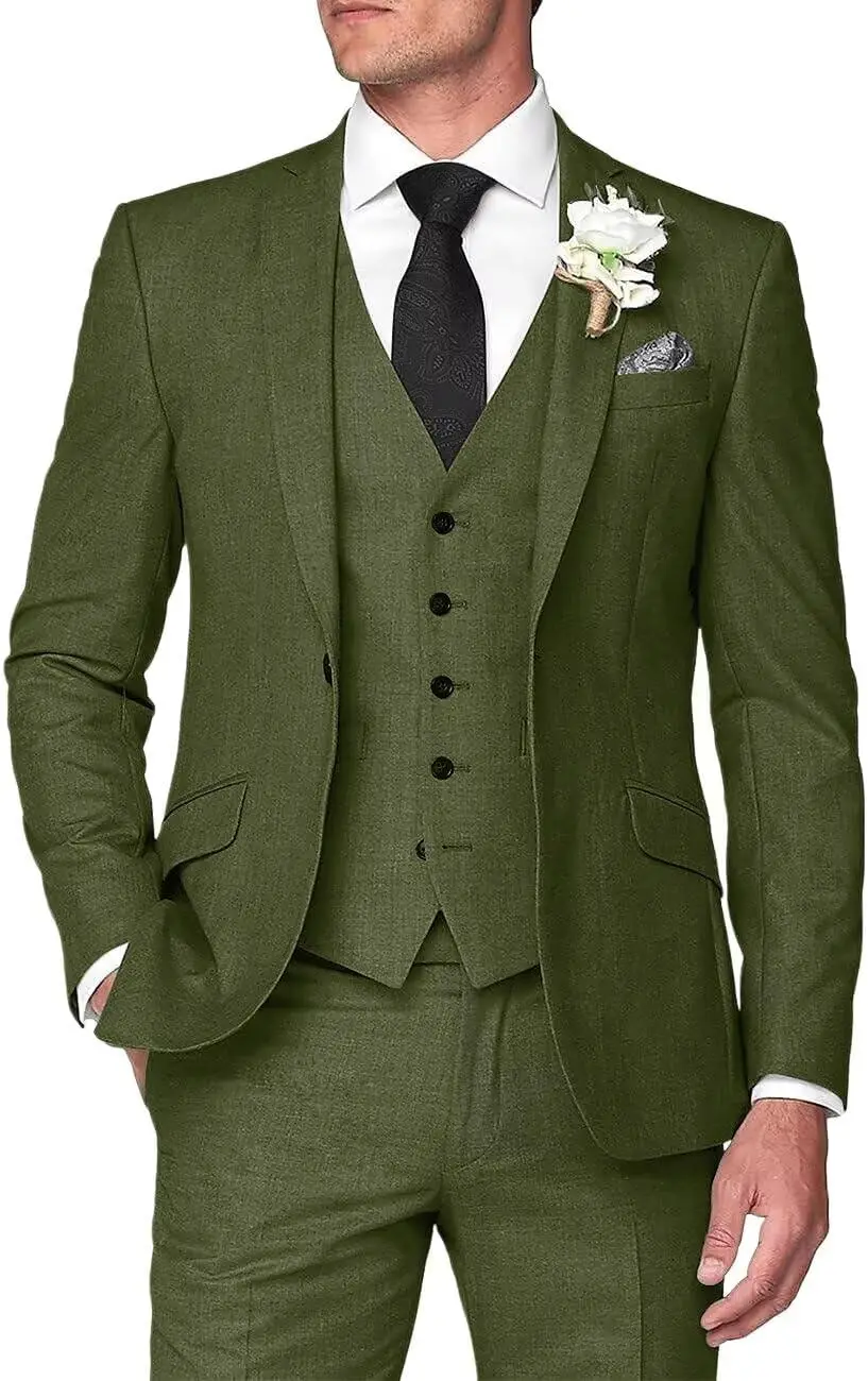 

Mens 3 Pieces Summer Linen Suit Beach Wedding Slim Fit Blazer Grooms Suits
