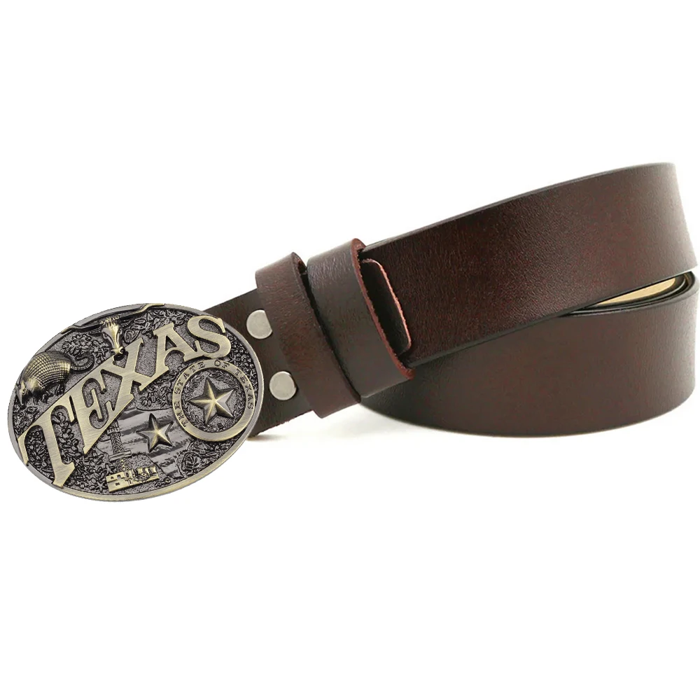 

Real Genuine Leather Men Belts Black 120cm Long with Western Cowboys Metal Waist Strap Belt Buckle