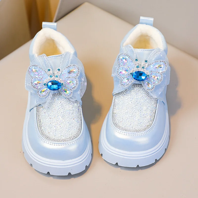 أطفال أحذية كاجوال حذاء من الجلد بولي Leather جلد كريستال الترتر أحذية الشتاء للفتيات الدافئة المضادة للانزلاق حذاء أسود بني حجم 26-36