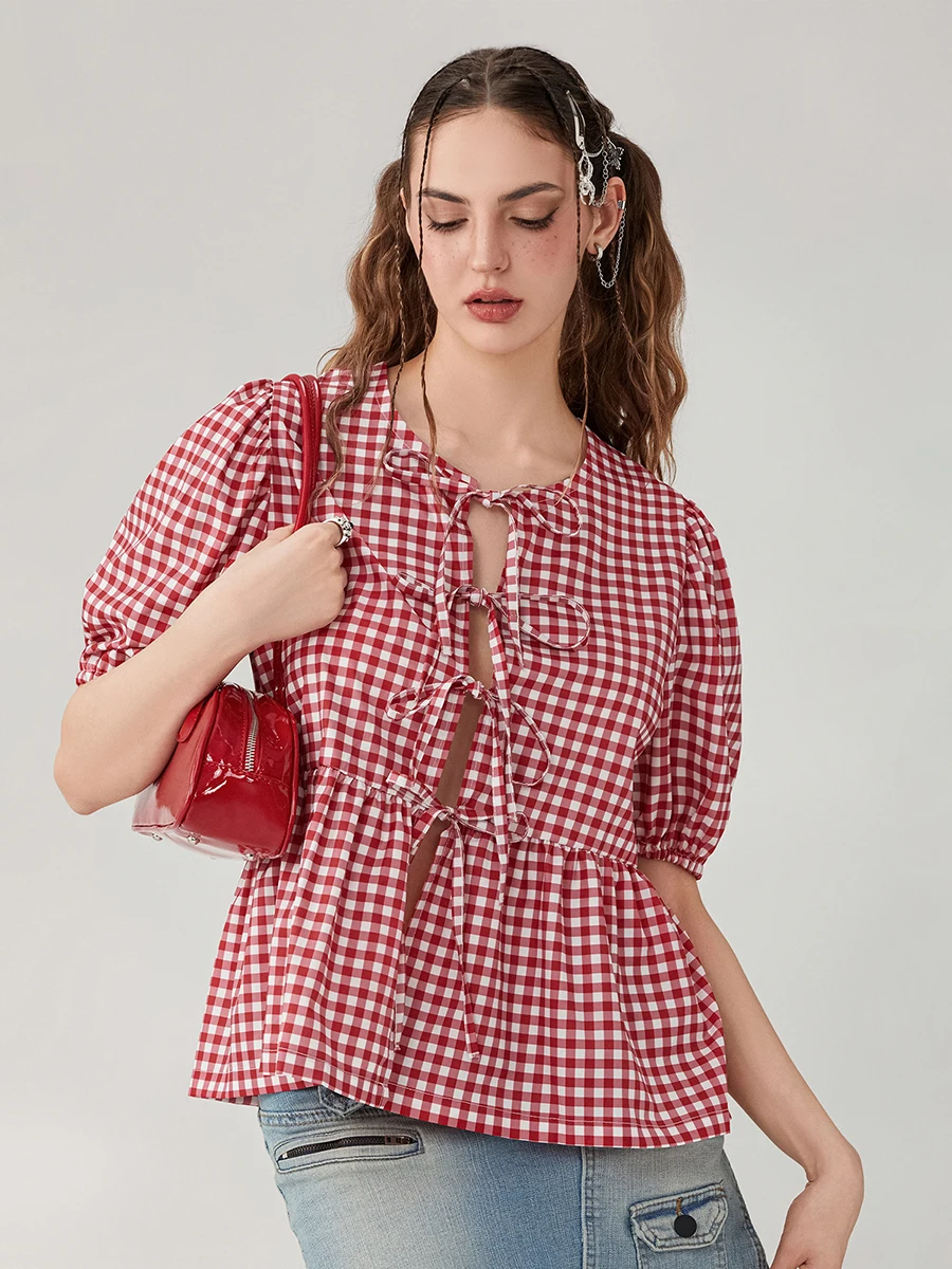 Women Y2k Plaid Tie Front Shirt Puff Sleeve Peplum Blouse Round Neck Babydoll Top Casual Streetwear