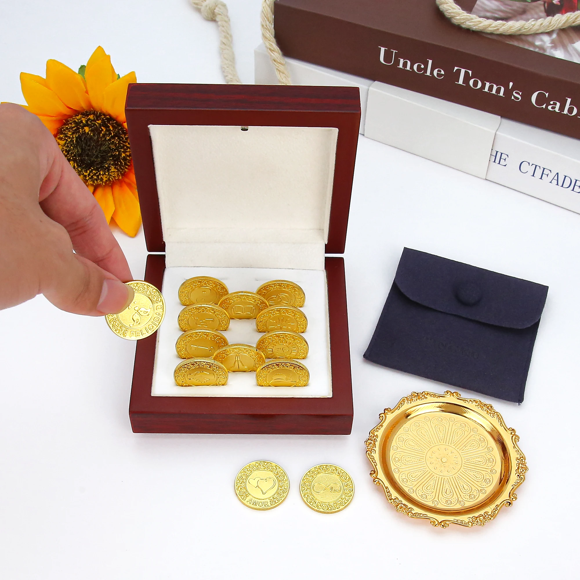 Spanish Wedding Arras Coins Set with Luxury LED Wooden Box for Hispanic Catholic Wedding Ceremony