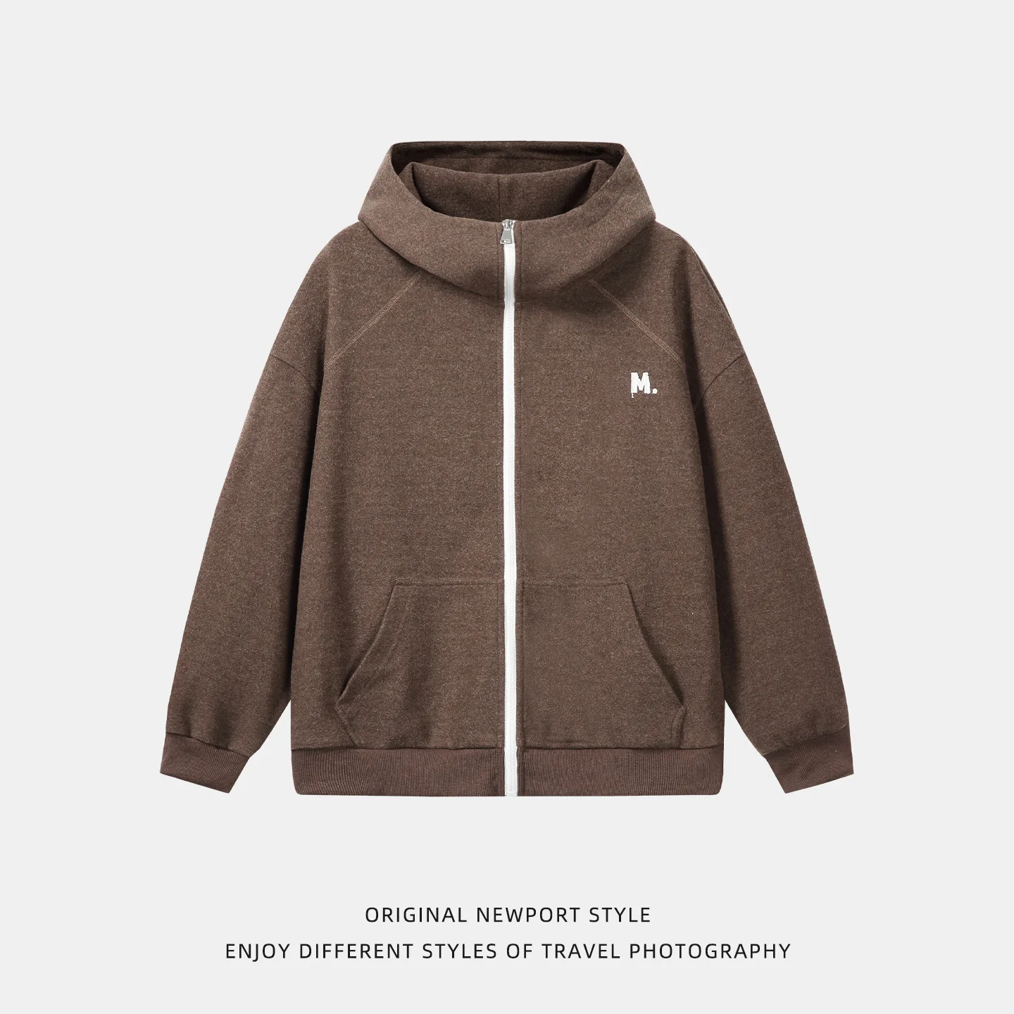 Unisex Hoodies Autumn Winter New Color Block Zip Wool Blend Hooded Sweatshirt Retro Loose Couple Cardigan Jacket Outerwear