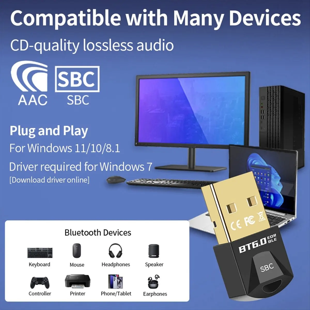 Punctual- USB Bluetooth 6.0 Adapter USB Dongle AAC Decoder Wireless Music Audio Receiver Transmitter for PC Mouse Keyboard