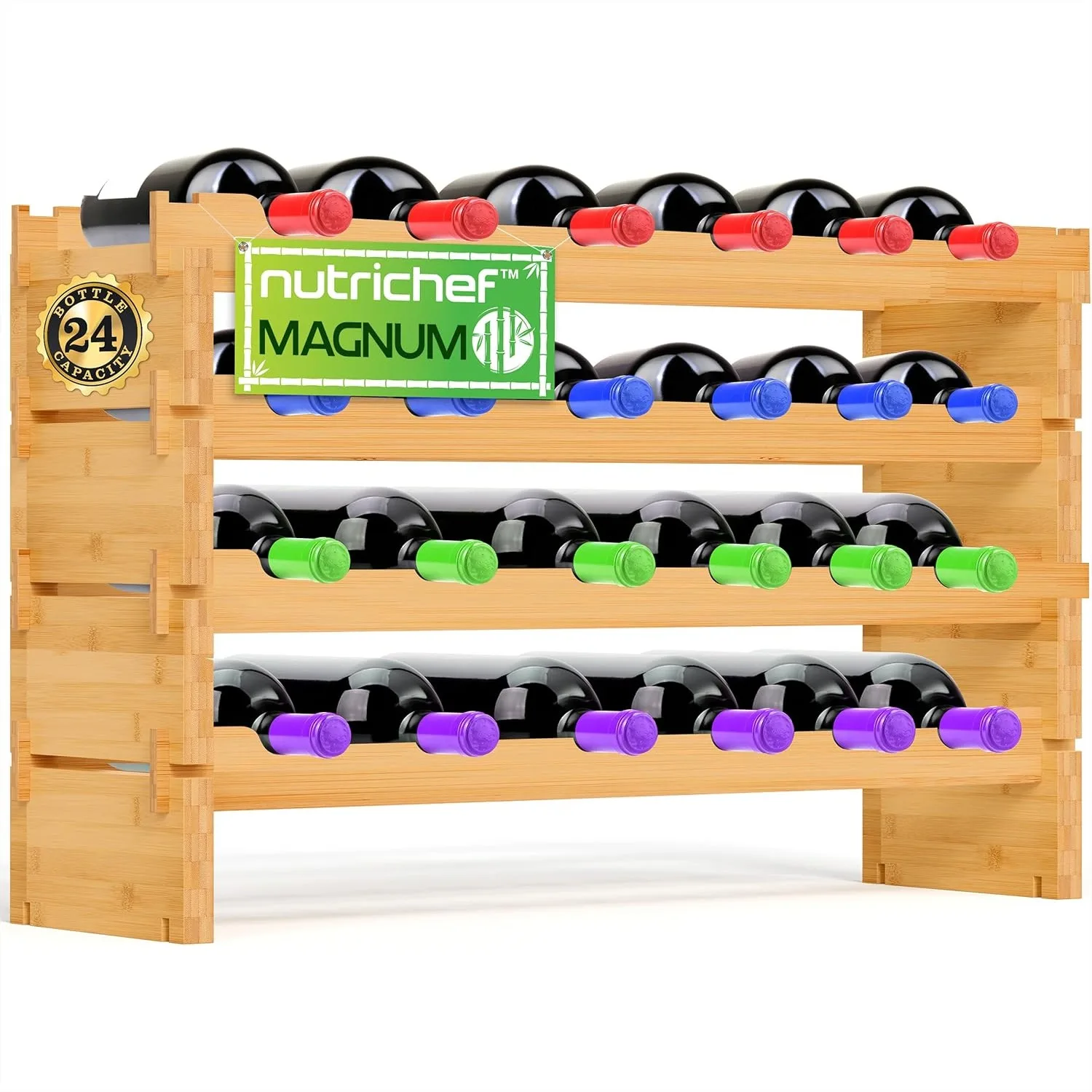 

Stackable Bamboo Wine Rack for Oversize Bottles, 24-Bottle Capacity with Sturdy 1-Inch Sideboard and Easy No-Tool Assembly