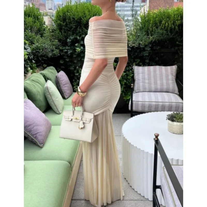 Femmes maille Patchwork une épaule longues robes Sexy sans manches plissé mince robe de soirée élégante solide robe de soirée automne robe
