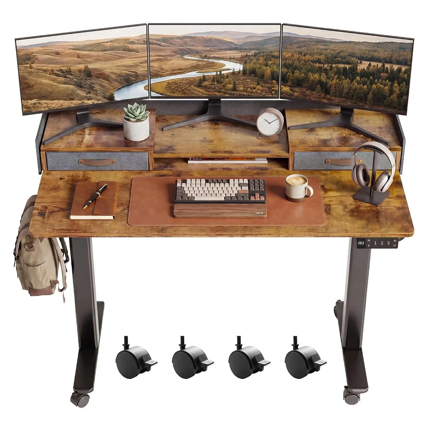 Standing Desk With Drawers & Wheels, 2-Tier Storage Shelf, 48 Inch Rustic Brown, Customized