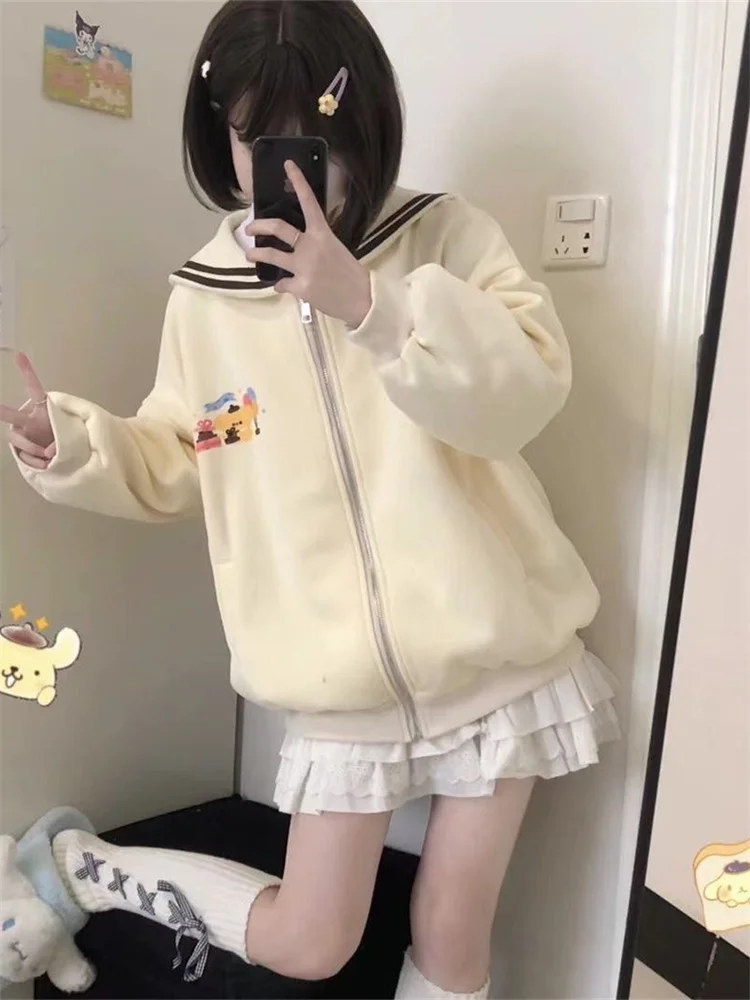 Harajuku Kawaii Zip Up Hoodie Women Sailor Collar Japanese Style Cute Sweatshirts Oversize Lolita Girly Anime Print Jacket