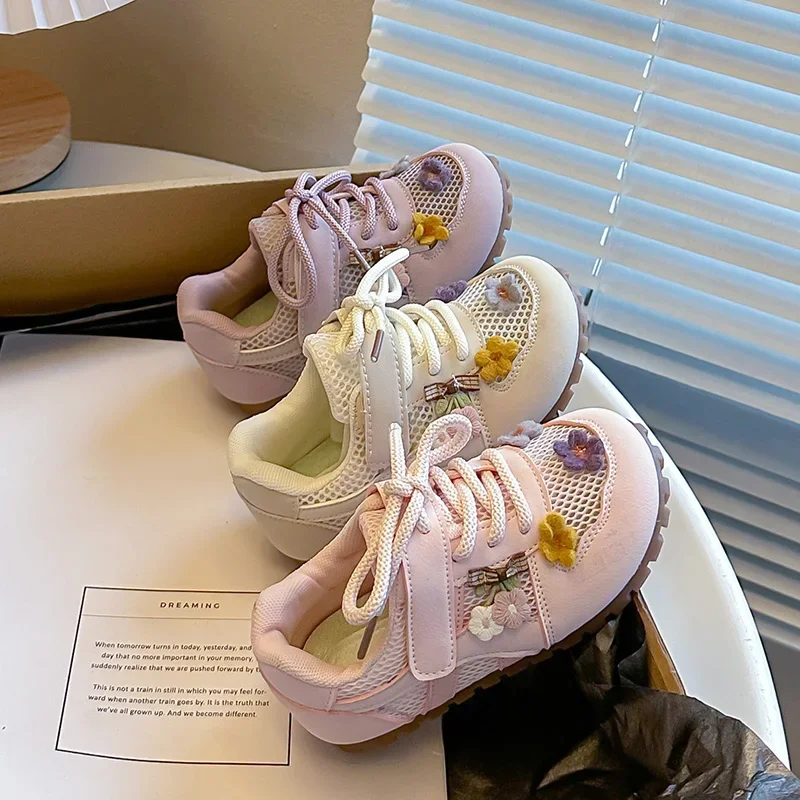 Girls'  New Style Sneakers Pink Cute Flower, Fashion Versatile Casual Shoes, Leather Upper, Non-Slip Soft Sole