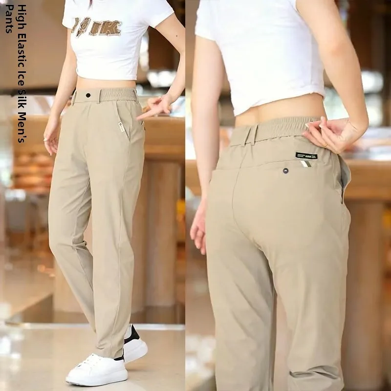

Ice Silk Casual Pants Men's Summer Thin Busin Sle Elastic Qui Dry Faionable Long Trousers Loose Fit Straight Leg