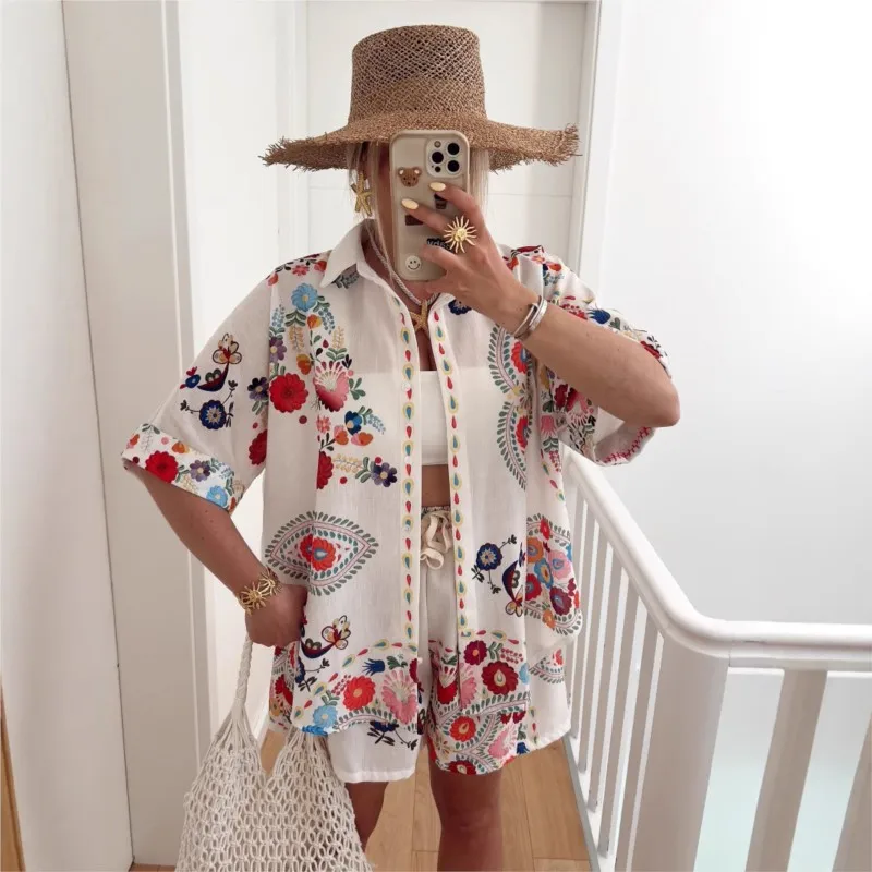 Conjunto de Shorts Boho para Vacaciones, Camiseta con Estampado Tipo Cárdigan + Shorts con Cintura Elástica, Conjunto de 2 Piezas, Atuendo Chic para Vacaciones de Verano, Trajes para Mujer