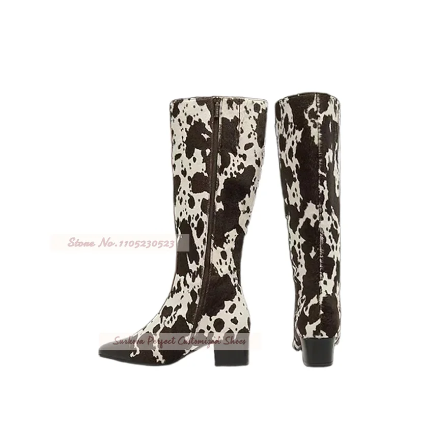 Cow Skin Pattern Horsehair Knee High Boots Middle Chunky Heel Cowboy Style Motorcycle Boots Color Patchwork Dress Boots
