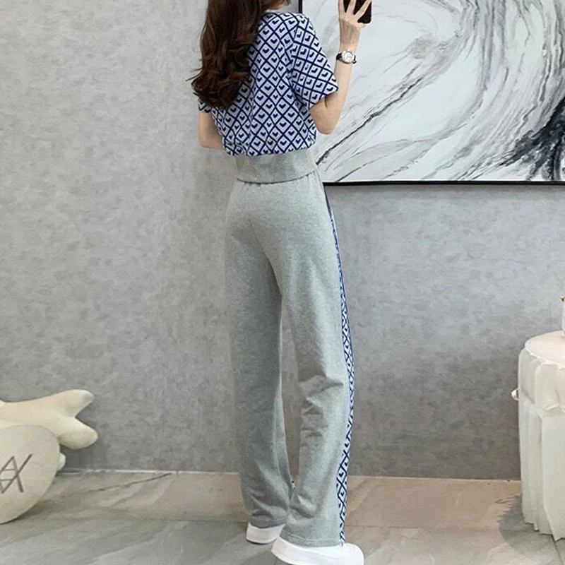 Women Clothing Print Y2K Streetwear Chic Crop Tops Korean Style High Waist Straight Wide Leg Pants Two Pieces Sets Summer Outfit