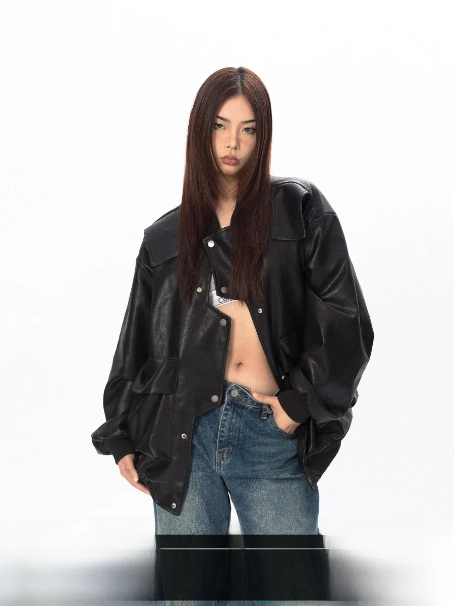 Original Blackbb Irregular Pocket Labelled Leather Jacket Loose Street Style Women's Outerwear Long Sleeve Button Closure