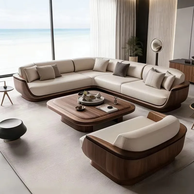 Modern Curved L‑Shape Sectional Sofa Set, Leather Upholstered Cushion, Solid Wood Frame for Living Room Home Furniture