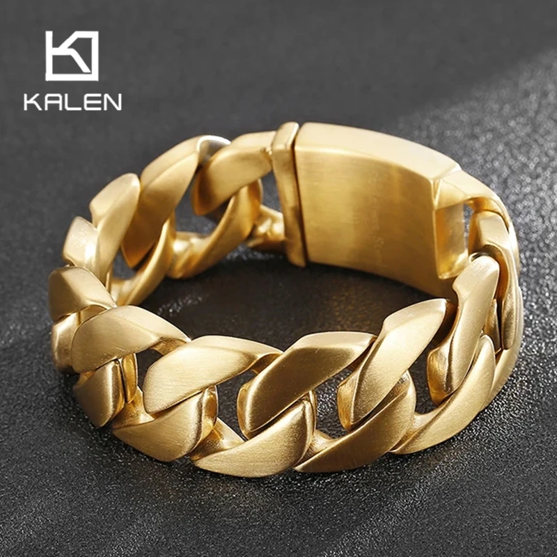 

Kalen 25mm Wide Cuban Chain Heavy Bracelets For Men Gold Color Brushed Stainless Steel Jewelry Punk High-Quality Flat Accessory