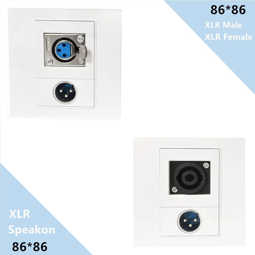 86 * 86mm Pro Speakon XLR 3pin Male/ Female Home TV AV Wall Outlet Video Socket Face Plate White ABS