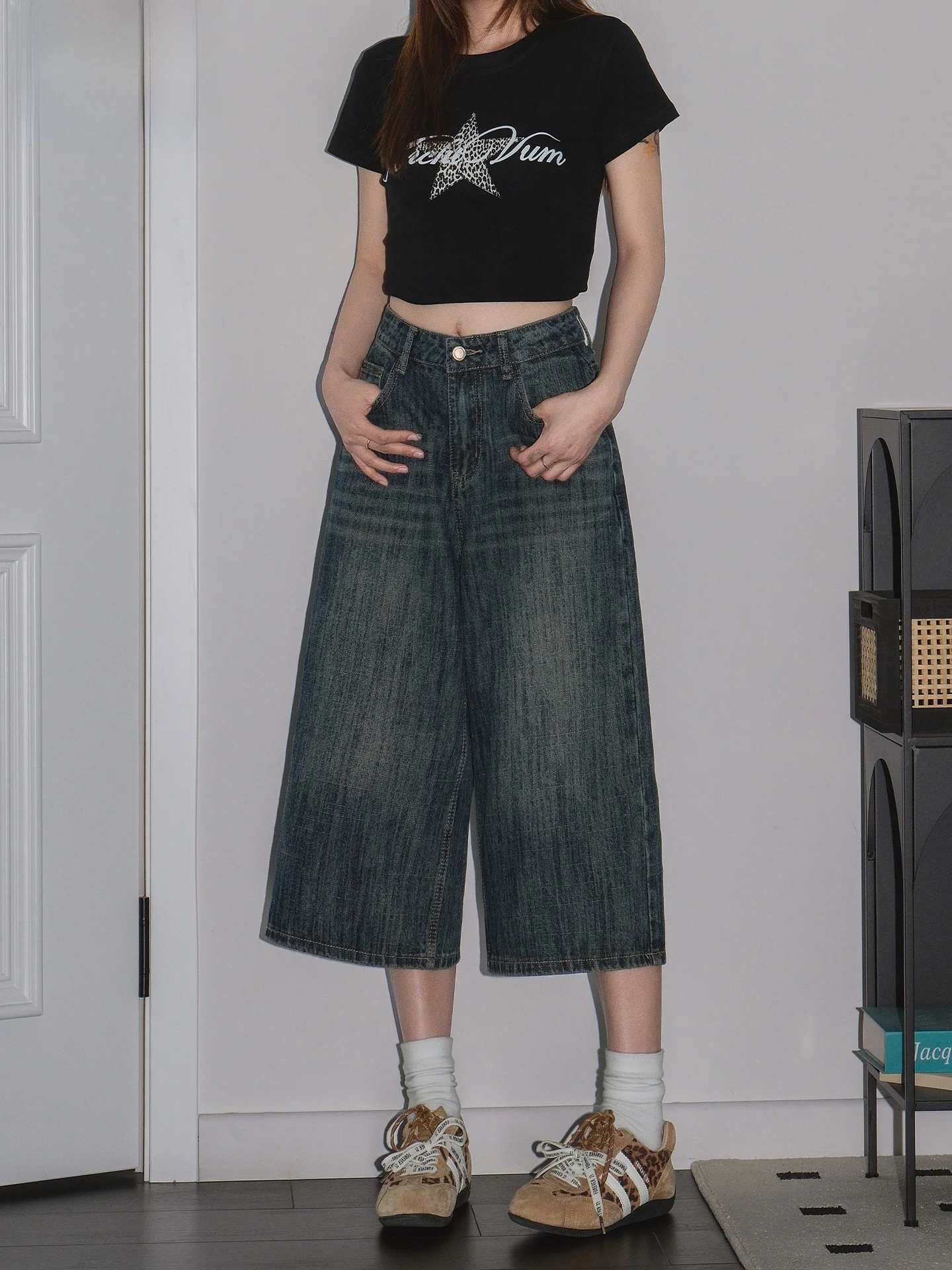 

Retro Washed Straight Leg Jeans High Waist Casual Loose Fit Summer Slimming Wide Leg Pants for Women American Style Denim