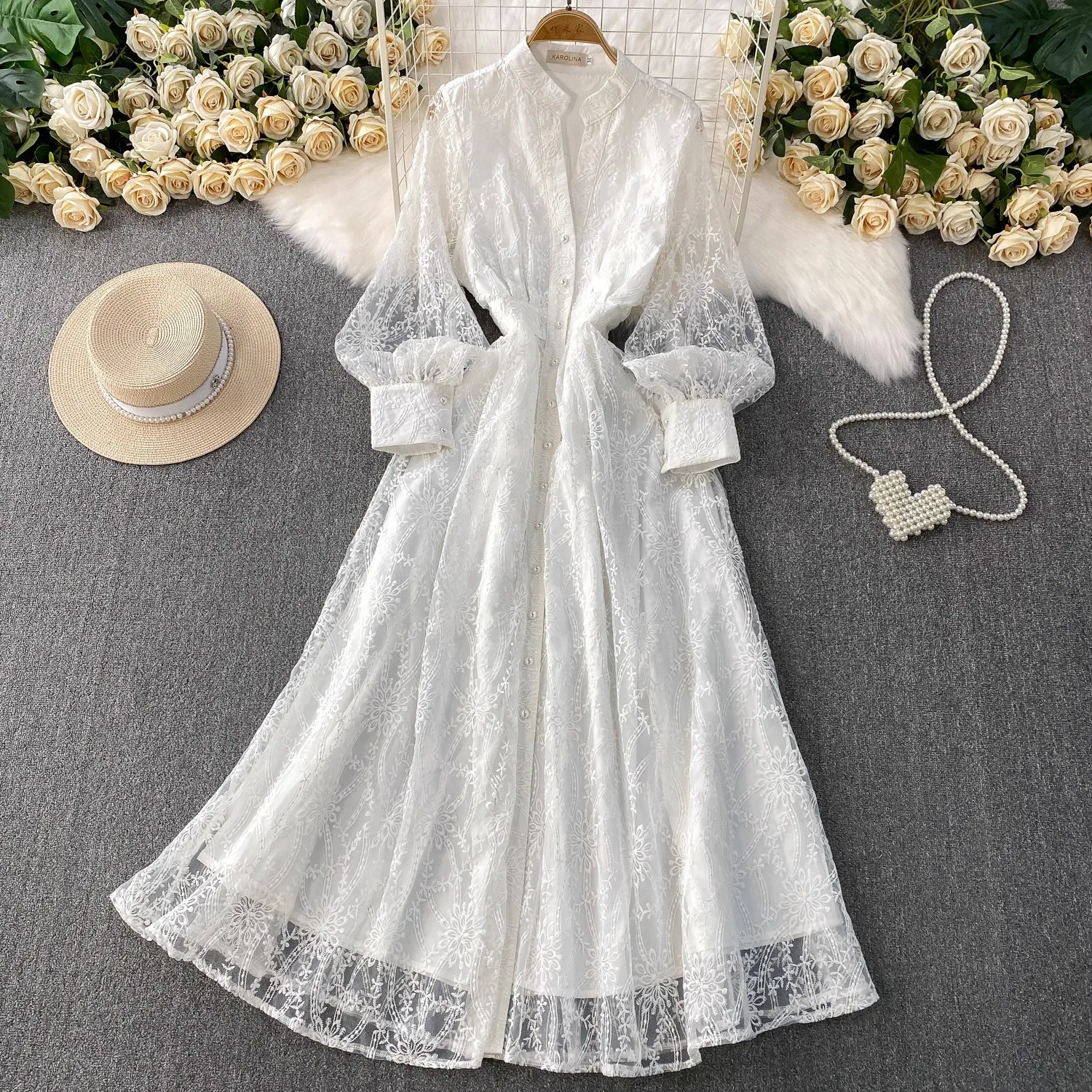 

Summer Holiday Embroidery Lace Evening Prom Dress Women Runway Brand Designer Pearl Buttons Slim Long Sleeve Maxi Dresses Party