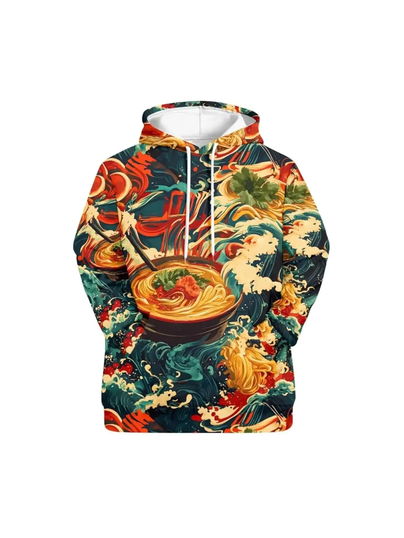 3D Full Print Ukiyo-e Hoodie Men Japanese Wave Ramen Food Noodle Art Drawstring Loose Casual Hooded Sweat Top