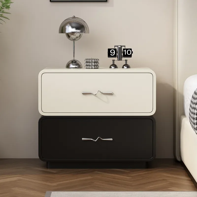 Italian Minimalist Cream‑Tone Solid‑Wood Bedside Table High‑End Contrast‑Color Small‑Luxury Nightstand Modern Storage Furniture