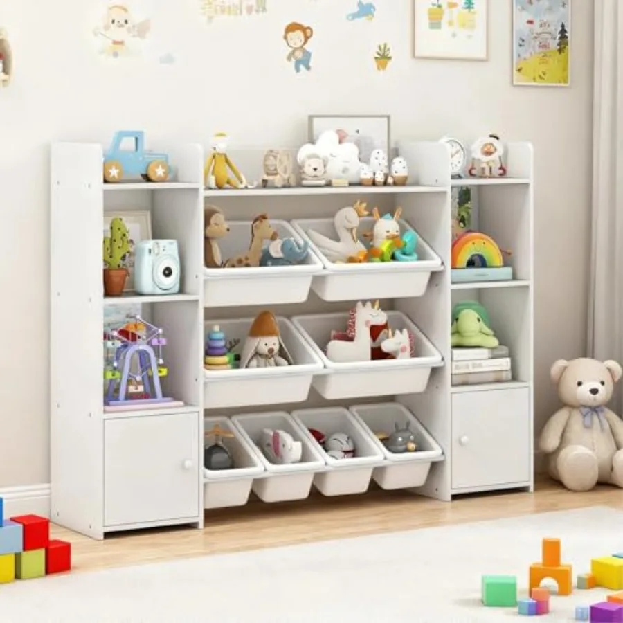 

56'' Toy Storage Organizer with 8 Removable Bins 4-Tier Toddler Bookshelf Cubbies in White for Playroom Daycare Room Classroom