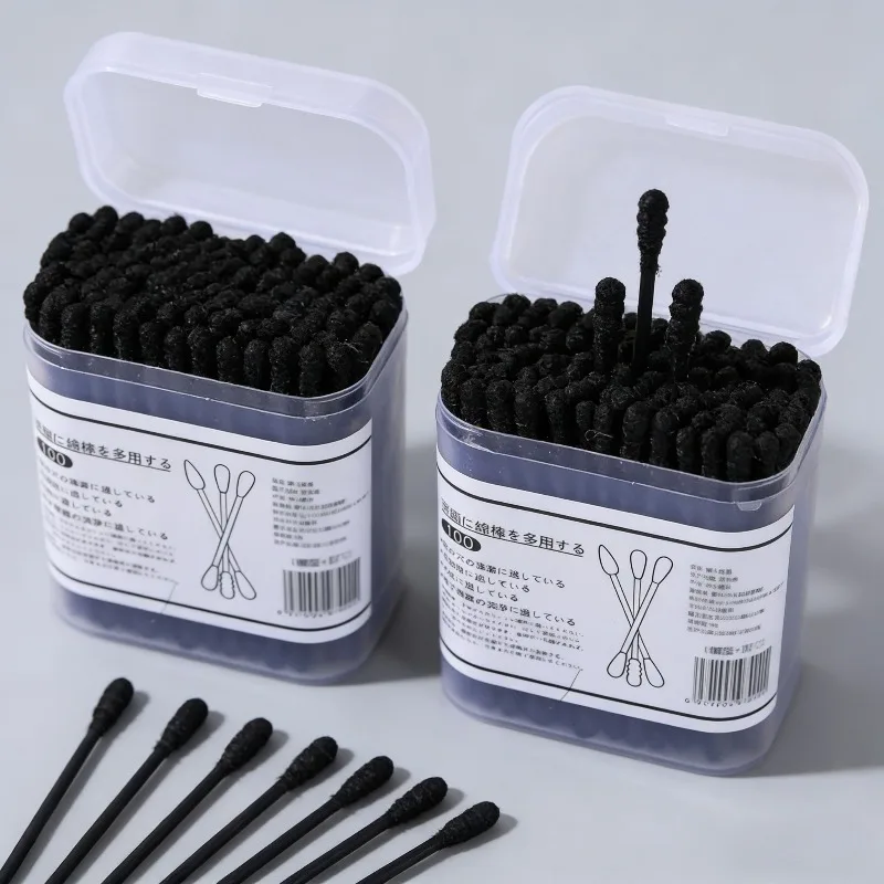 Disposable Double-Ended Black Cotton Ear Swabs Earpick for Blackhead Removal Makeup Cleaning Dirt Removal Ear Cleaning Tool Pack