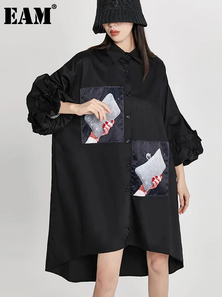 [EAM] Women Black Printed Big Size Irregular Shirt Dress New Lapel Long Sleeve Loose Fit Fashion Tide Spring Autumn 2024 1DE7356