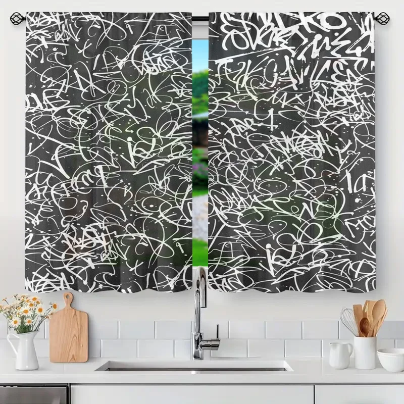 Abstract Graffiti Doodle Curtains Black White Monochrome Panel Window Drapery for Kitchen Bathroom Modern Home Decoration Filter