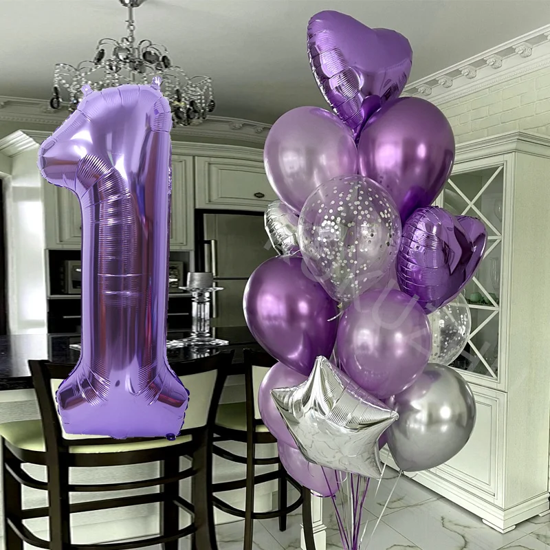 12pcs Number Foil Purple Latex Balloons Happy Birthday Party Decoration Kids First Baby Girl 1st 1 2 3 4 5 6 7 8 9 Years Old