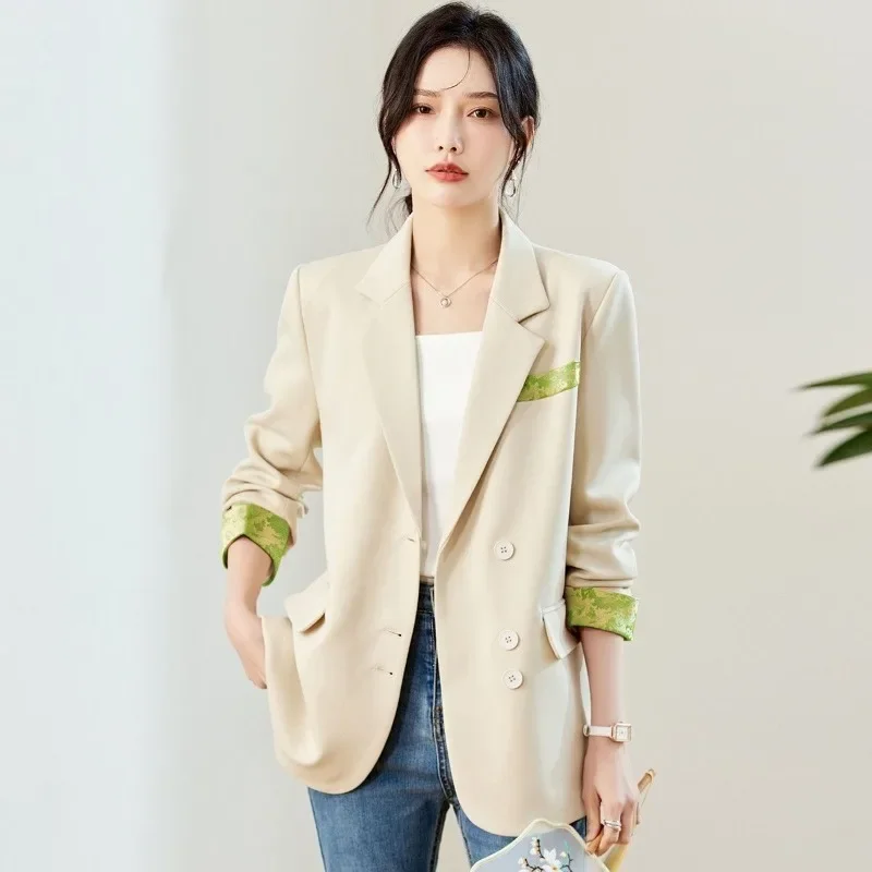 เสื้อเบลเซอร์ผู้หญิงสไตล์จีนสุดหรู รุ่นใหม่ ฤดูใบไม้ผลิ/ฤดูใบไม้ร่วง ปี 2025 ทรงโอเวอร์ไซส์ แฟชั่นลำลอง สีสันตัดกัน พรีเมียม