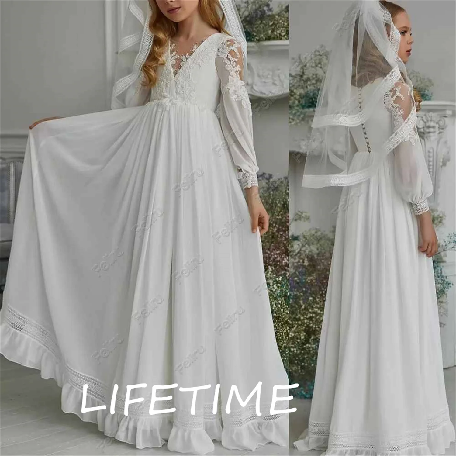 Boho Chiffon Flower Girl Dress Long Sleeves Kids Birthday Formal Party Gown V-neck Infant Toddler White Wedding Dress for Girls