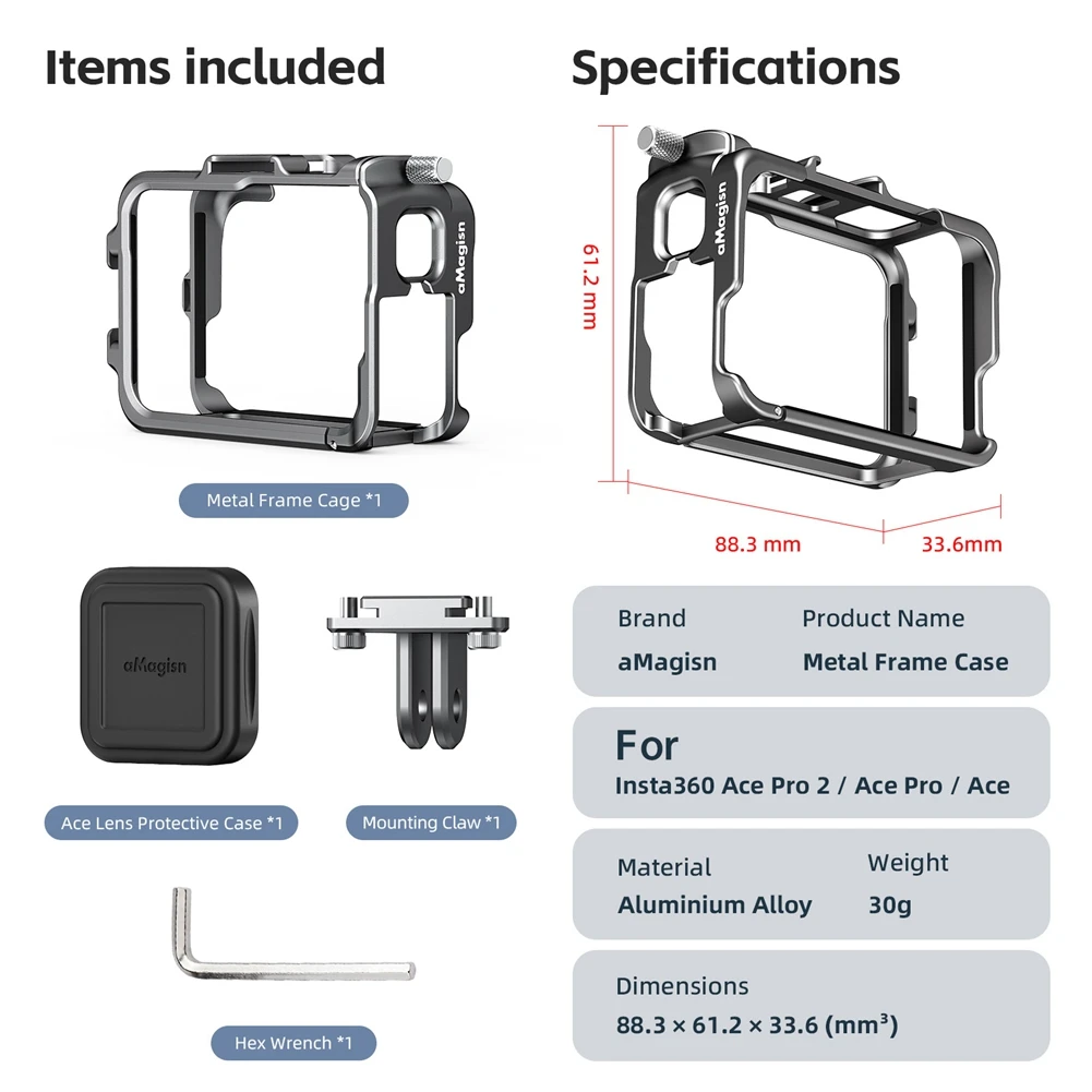 Kandang Bingkai Logam AMAGISN untuk Casing Perumahan Pelindung Logam Insta360 Ace Pro2 Hitam