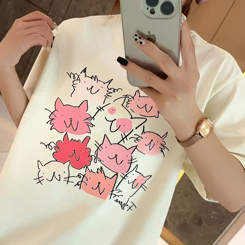 Graffiti Cat Cute Graphic T Shirts Japanese Cartoon Print Y3K Tops Summer Pure Cotton Loose Oversized White Tees Aesthetic 2024