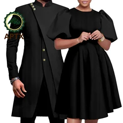 African Couple Matching Clothes for Wedding Women Puff Sleeve Dresses Men Suit Pants Set Bazin Riche Lover Party Wear TY23C076