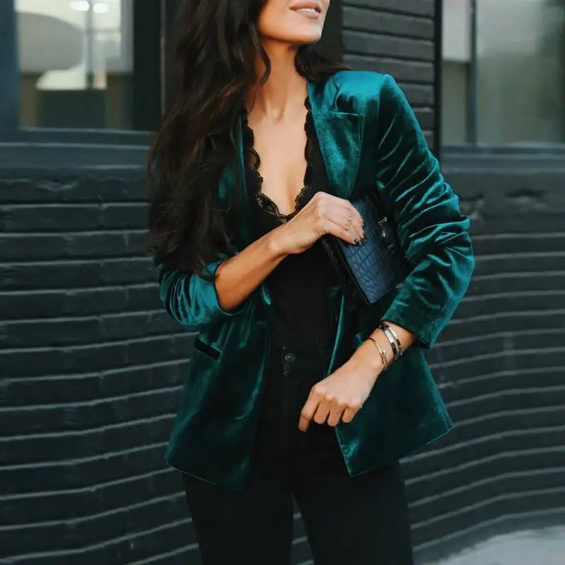 

Casual Slim Long Sleeve Women's Outwear High Street Fashion New Solid Color Office Jacket Fall Elegant Lapel Golden Velvet Coat