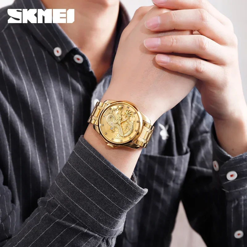 SKMEI 9193 Men 3Bar Waterproof Date Display Stainless Steel Strap Wristwatches Mens Watches Top Brand Luxury Golden Quartz Watch