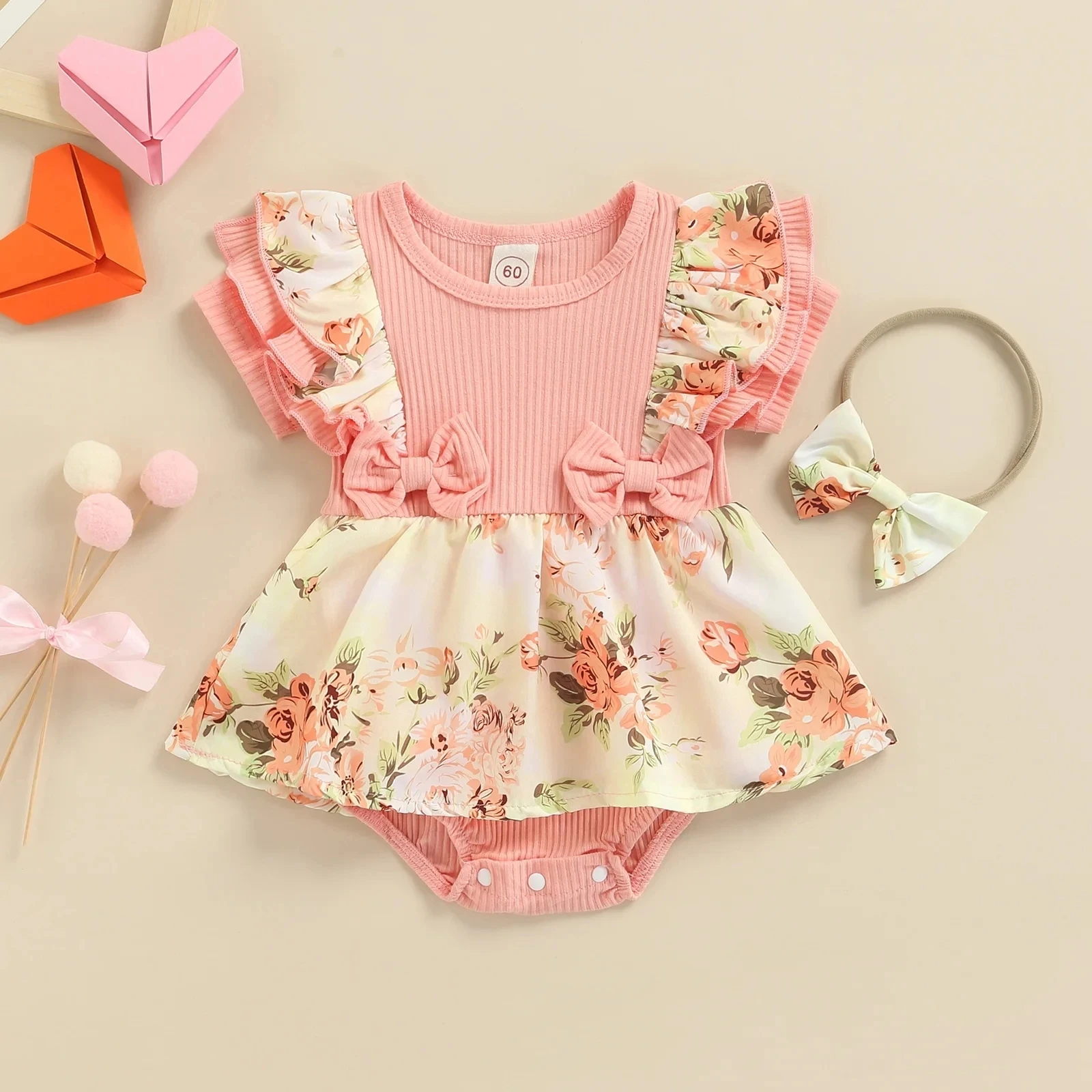 Summer Infant Baby Girls Dress Flying Sleeve Bodysuit + Bow Headband Flower Pattern Ruffle Sweet Style Clothing