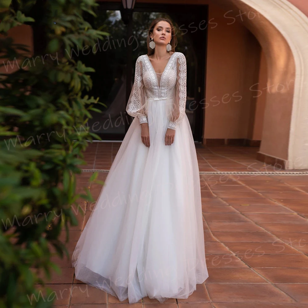 

Beautiful Charming A Line Women's Wedding Dresses Classic V Neck Lace Appliques Bride Gowns Long Sleeve Backless Abiti Da Sposa