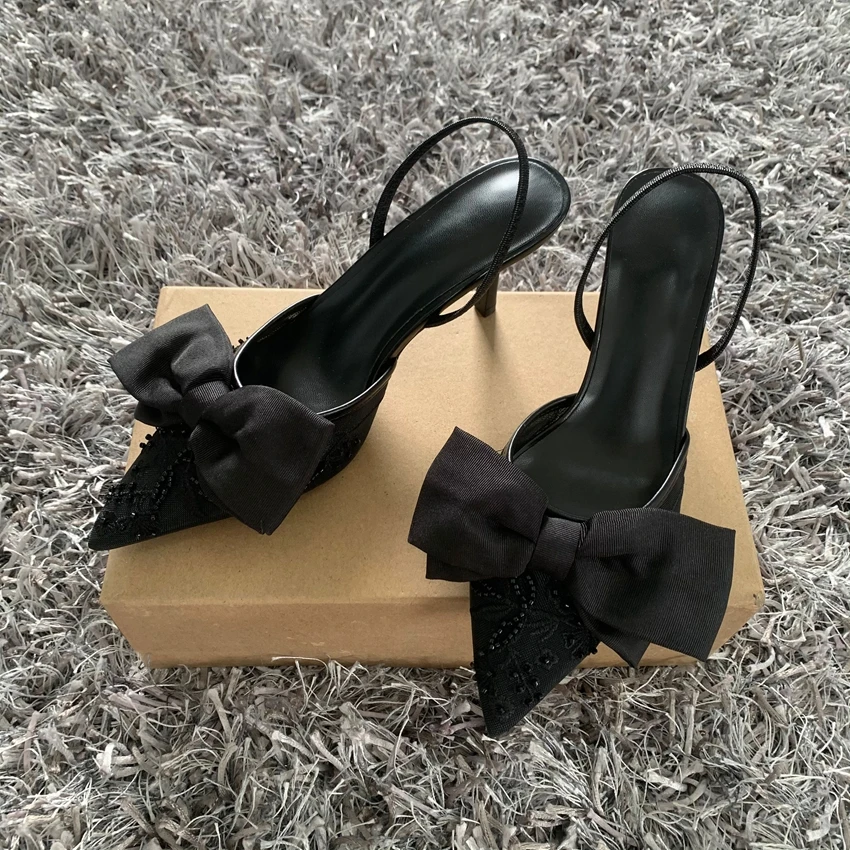 Designer Bow String Bead Women Wedding Pumps Mesh Embroidered Flowers Back Strap Sexy Slingback High Heel Dress Shoes for Ladies