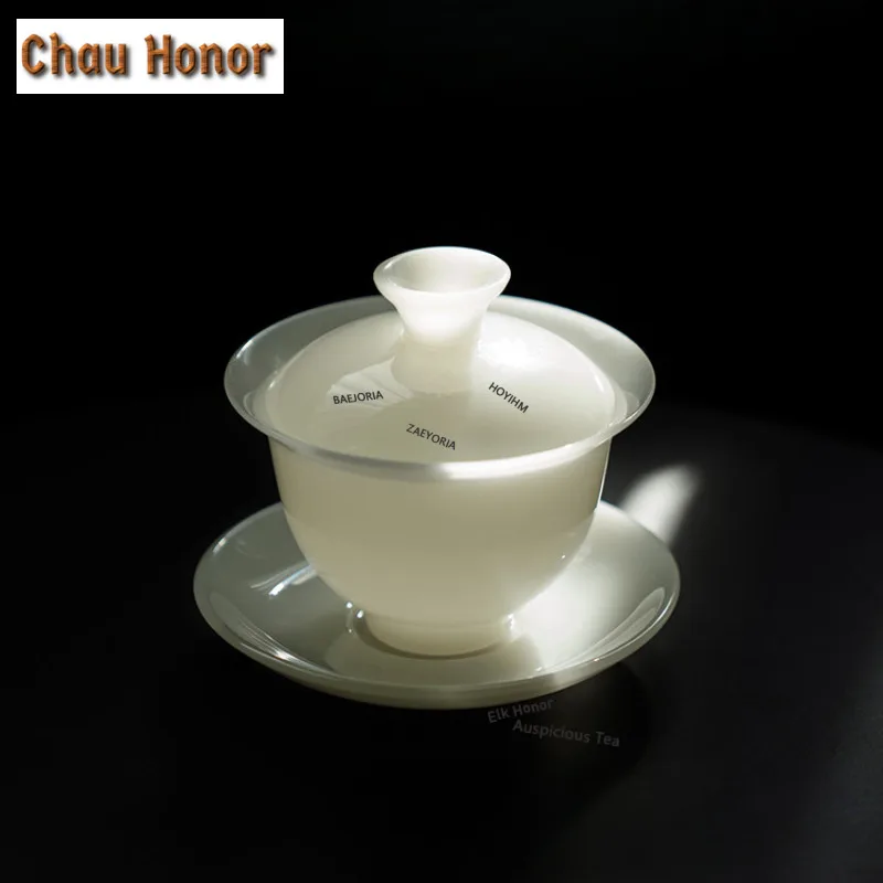 

160ml Mutton Fat White Ice Unprocessed Jade Porcelain Gaiwan Luxury Tea Tureen Tea Bowl With Lid Kit Tea Maker Cover Bowl Teaset